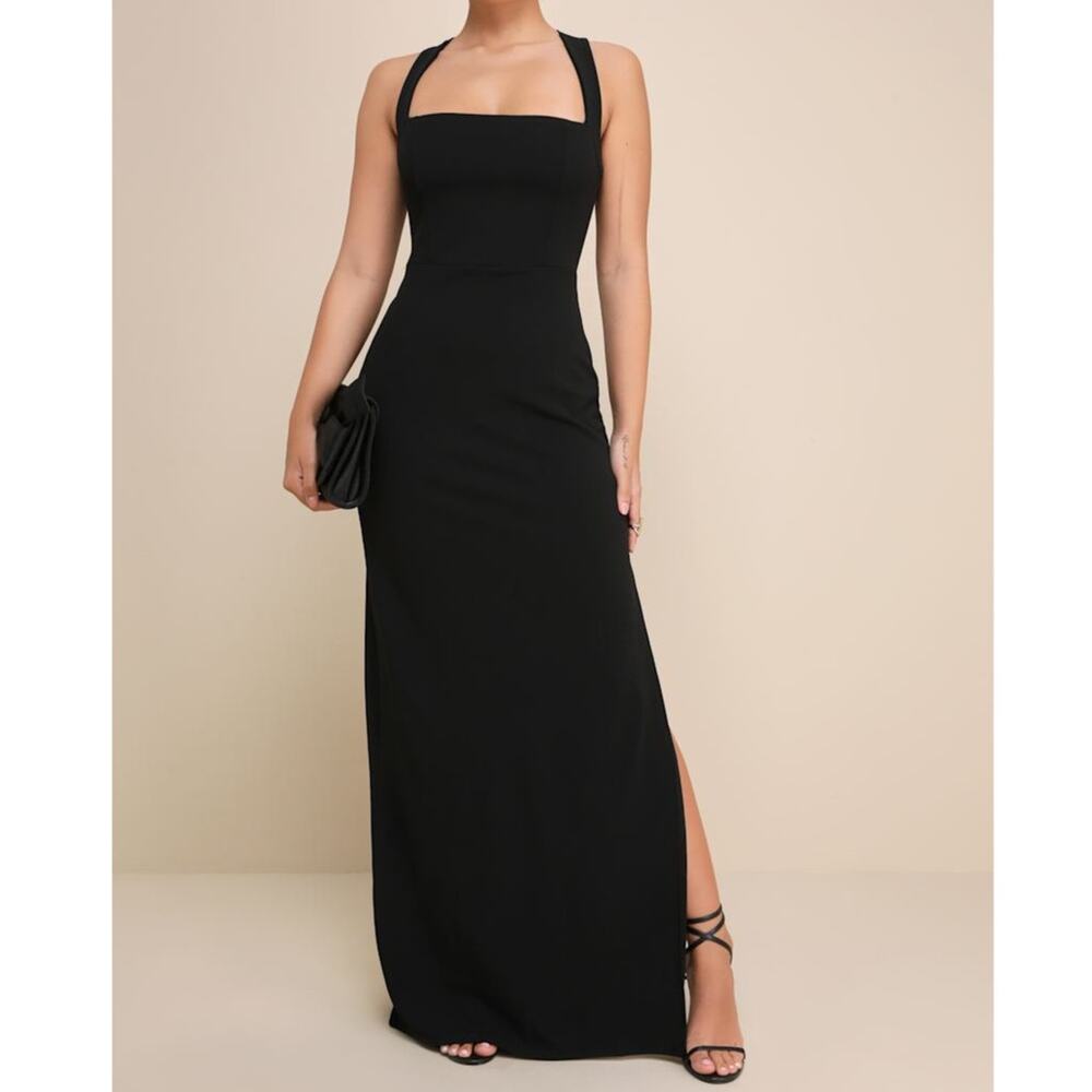 NEW Lulus Glamorous Dedication Black Sleeveless Crisscross Column Maxi Dress